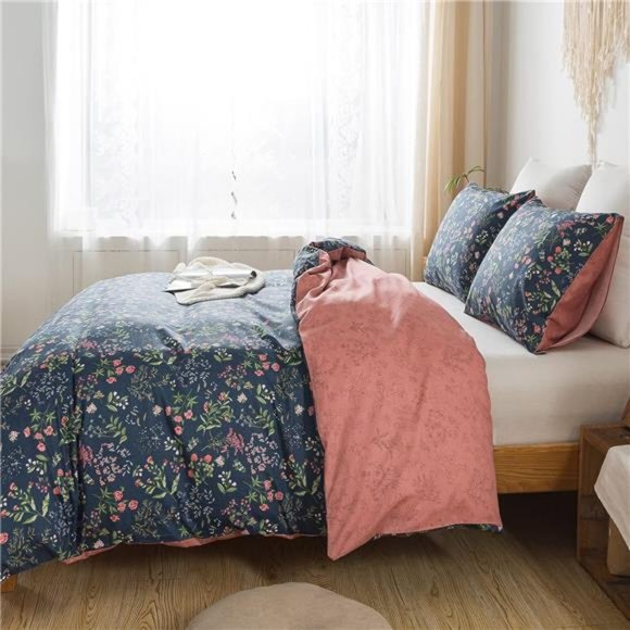 Queen Duvet Cover Set - 100% Cotton Floral Duvet Soft & Breathable with Zipper - Picture 2 of 8